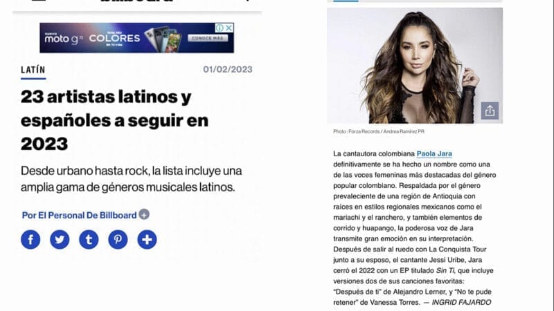 Paola Jara en la lista de los 23 latinoa de Billboard para seguir en el 2023